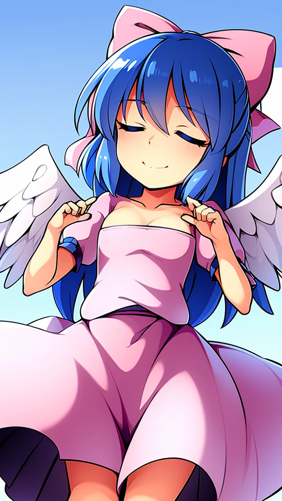 masterpiece, best quality, 1girl, , , 10 years old, medium blue hair, hair flaps, pink ribbon on head, well-formed face, blue eyes, angel girl, white blouse, puffy short sleeves, red ribbon, angel wings, long white skirt, red shoes, frills, ribbon head, from behind, to lift up one’s skirt, cowboy shot, from front, standing , raise one leg, crossed arms, arms up behind, arms behind back, hand between legs, put hands hip, one hand on hip, forward hands, arms raised in the air, punch hands, peace sign, waving, put up index finger, sit, lie down, closed eyes, lie face down, looking back, put one hand chest, leaning forward, cleavage, close up, horizontally outstretched arms, horizontally outstretched legs, front view, front face