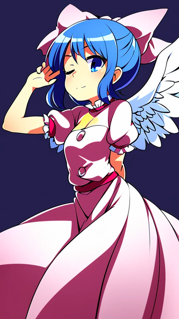 masterpiece, best quality, 1girl, , , 10 years old, medium blue hair, hair flaps, pink ribbon on head, well-formed face, blue eyes, angel girl, white blouse, puffy short sleeves, red ribbon, angel wings, long white skirt, red shoes, frills, ribbon head, from behind, to lift up one’s skirt, cowboy shot, from front, standing , raise one leg, crossed arms, arms up behind, arms behind back, hand between legs, put hands hip, one hand on hip, forward hands, arms raised in the air, punch hands, peace sign, waving, put up index finger, sit, lie down, closed eyes, lie face down, looking back, put one hand chest, leaning forward, cleavage, close up, horizontally outstretched arms, horizontally outstretched legs, front view, front face