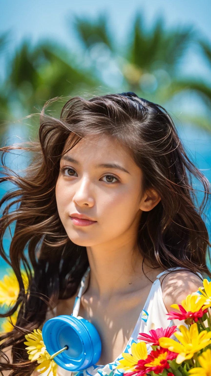 (masterpiece), (Highest quality), (Very detailed),(Disheveled Hair),(shape), (One Girl), (Summer clothes), Are standing, Fashion Model, View your audience, (interview), (Beach),Beautiful details, Delicate and beautiful face, floating,(High saturation),(Colorful splashes),Colorful bubbles,(The Shining), Focus on the face, Hair Ring, Floating Flowers, Floating Hair, (The Shining), Best lighting, Best Shadow,