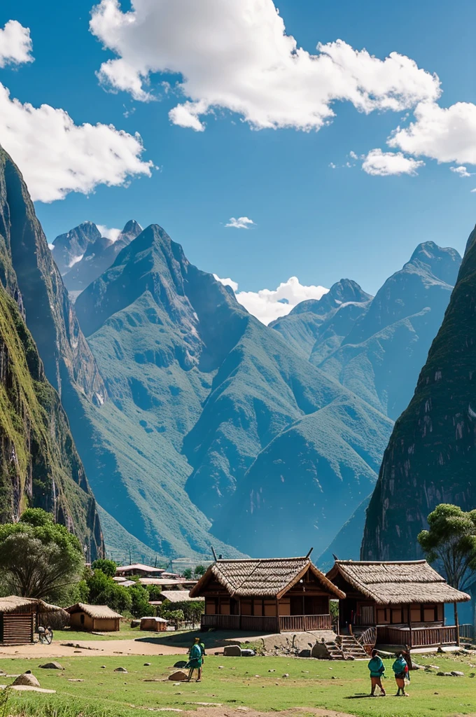 Ayacuchonos looking at the screen while doing actions such as carrying a baby and cooking on the ground and in the background you can see green mountains and cabins like in the mountains of Peru, all animated in the drawing