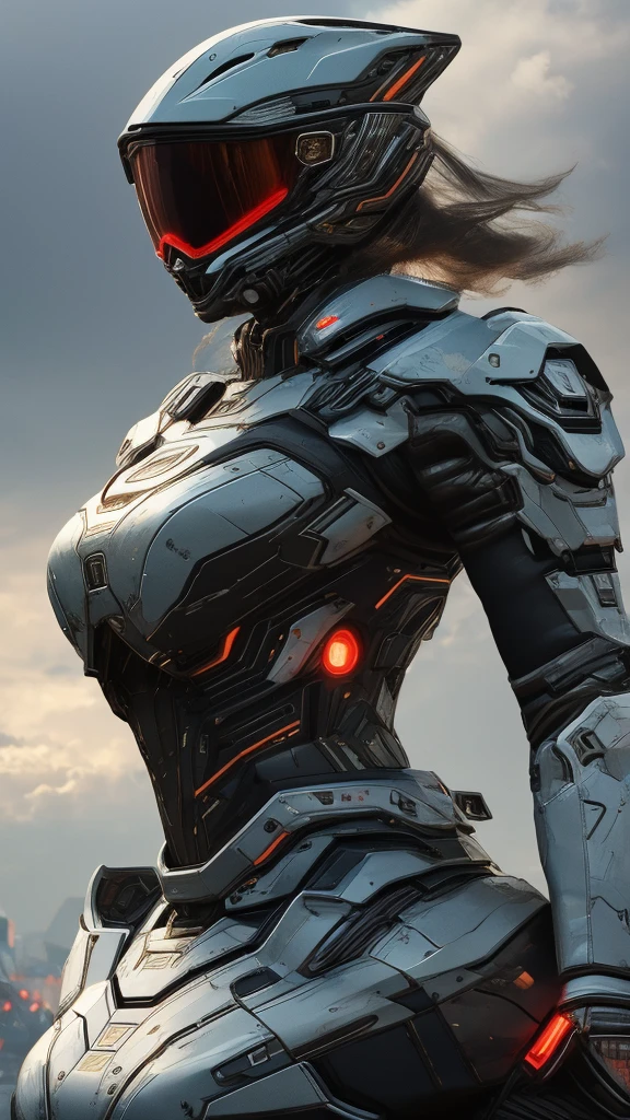 1girl, detailed futuristic armor, (best quality, 4k, 8k, highres, masterpiece:1.2), ultra-detailed, (realistic, photorealistic, photo-realistic:1.37), intricate led visor helmet, dynamic pose, dramatic lighting, cinematic angle, vibrant colors, science fiction, concept art