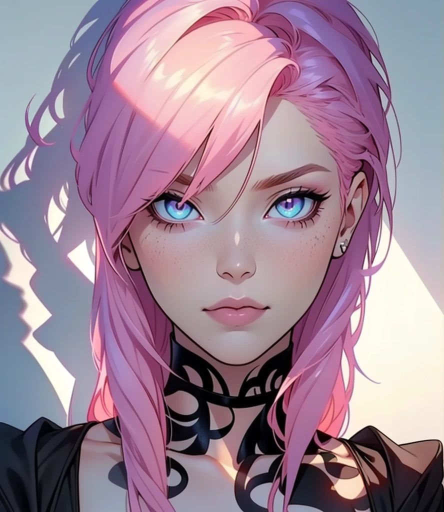 (((1girl))), ((toned)), female focus, Masterpiece artwork, high qualiy, (Masterpiece artwork:1.2), (best qualityer:1.2), shining skin, realisitic, ornate, intricate, ((pink hair)), (long hair), pink cat eyes, cat eyes, bangss, hair between the eyes, looking_at_viewer, red_eyeliner, FH,  Eyes, gazing at viewer, pupils constricted, dinamic pose, (shadows cast over the face:1.3),  expression , (upperbody), Chinese traditional ink painting, ( Serious)