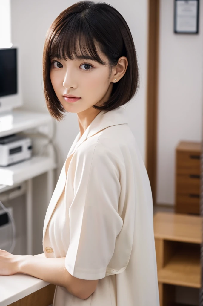 Hospital examination room, female doctor, ((full body)), ((photo)), ((best qualtiy, 8K, tmasterpiece: 1.3)), Focus: 1.2, perfect figure beautiful woman: 1.4, 1woman, cowboy shot, look at viewer, eyes facing the camera, incredibly absurd, beautiful and cute woman with a photorealistic face, showcasing top-quality craftsmanship, Japanese woman examining in a hospital examination room, 29 years old, hairstyle is a straight bob with long bangs, glossy black hair parted in the middle, thick and voluminous, elegant, fair and clear skin, large brown eyes, cool expression, long eyelashes, neat eyebrows, high nose, thin lips, natural complexion, fine skin, oval face, plump cheeks, long neck, small ears, beautiful nape, tall, slender, delicate, muscular and thin, slim frame, long and slender limbs, long fingers, large breasts of E cup, dressed as a doctor in a white coat, high heeled pumps, natural makeup, gold necklace, small earrings, watch on left arm, pretty older woman, beautiful, neat, cute voice, calm, gentle, responsible, professional, studious, kind, October