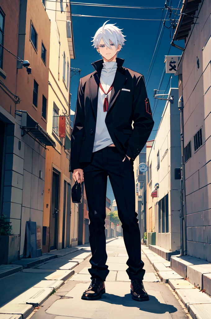 25 years old anime man with white hair, walking down the street with his hands in his pockets