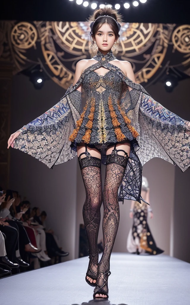 Fractal Art Fashion: Costumes that incorporate fractal geometry。Characterized by repeating patterns and intricate designs。The endless patterns、Fractal art fabric that changes with movement。The background is the gorgeous runway of Paris Fashion Week。