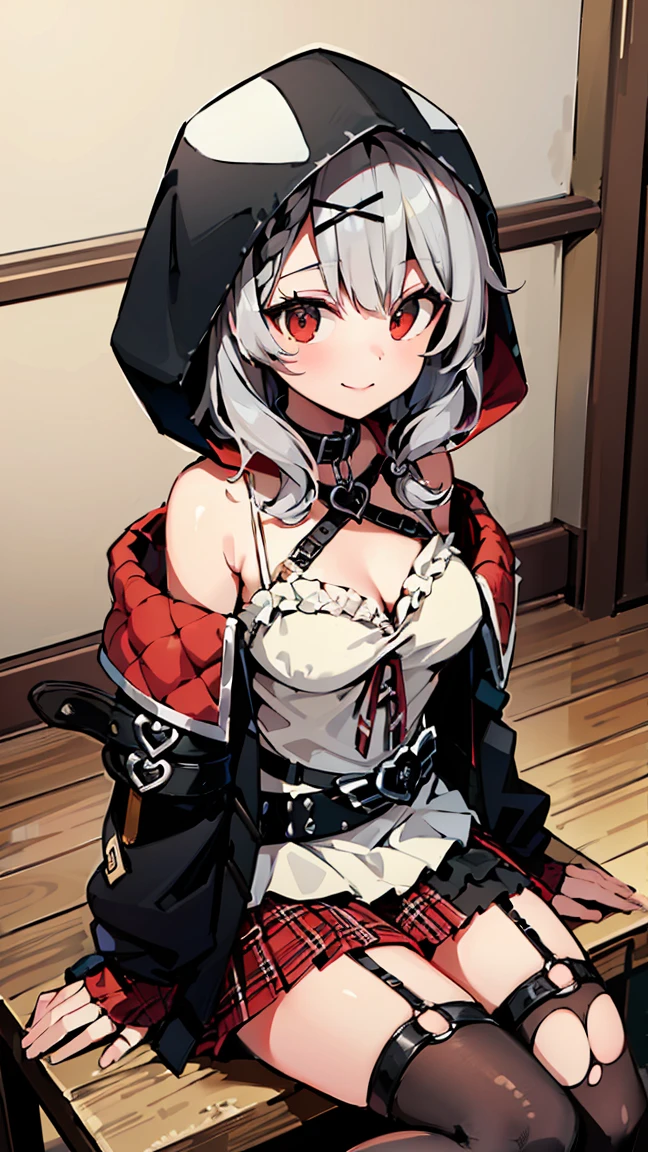 ((masterpiece, Highest quality, High resolution)), Depth of written boundary, 
break, One girl, Sitting in a chair, smile, 
break, (indoor, ),    
break, (It should be Chloe, Garter Straps, Fingerless gloves, Torn knee socks, Grey Hair, Multicolored Hair, Checked skirt, chestの谷間, X Hair Ornament, Red Skirt, Black collar, White camisole, chest, Braiding, Black belt, Medium Hair, Black jacket, Wearing a hood, Plaid ribbon), ((Red eyes)), ((Beautiful attention to detail))