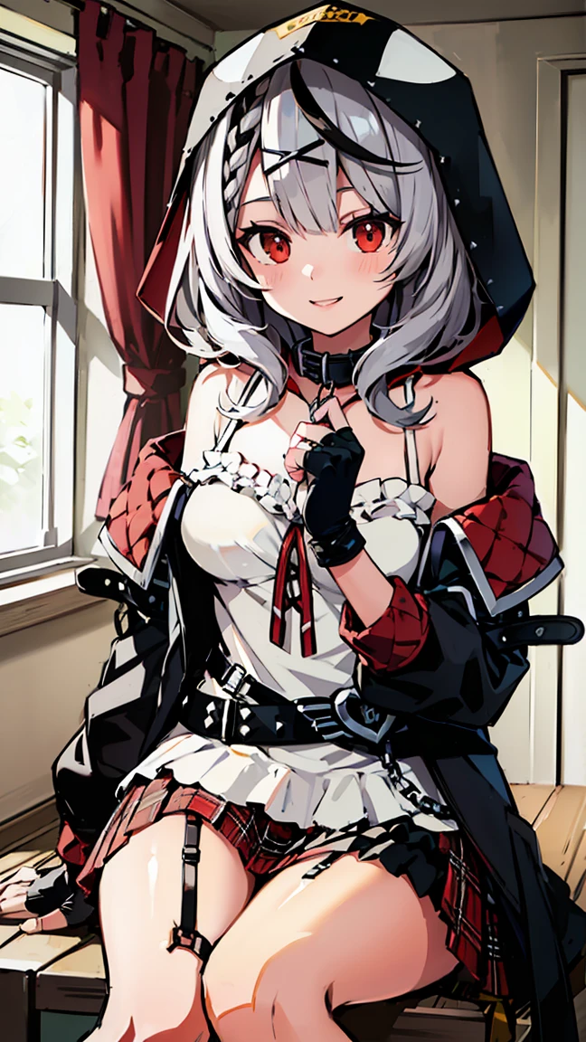 ((masterpiece, Highest quality, High resolution)), Depth of written boundary,
break, One girl, Sitting in a chair, smile,
break, (indoor, ),
break, (It should be Chloe, Garter Straps, Fingerless gloves, Torn knee socks, Grey Hair, Multicolored Hair, Checked skirt, chestの谷間, X Hair Ornament, Red Skirt, Black collar, White camisole, chest, Braiding, Black belt, Medium Hair, Black jacket, Wearing a hood, Plaid ribbon), ((Red eyes)), ((Beautiful attention to detail))