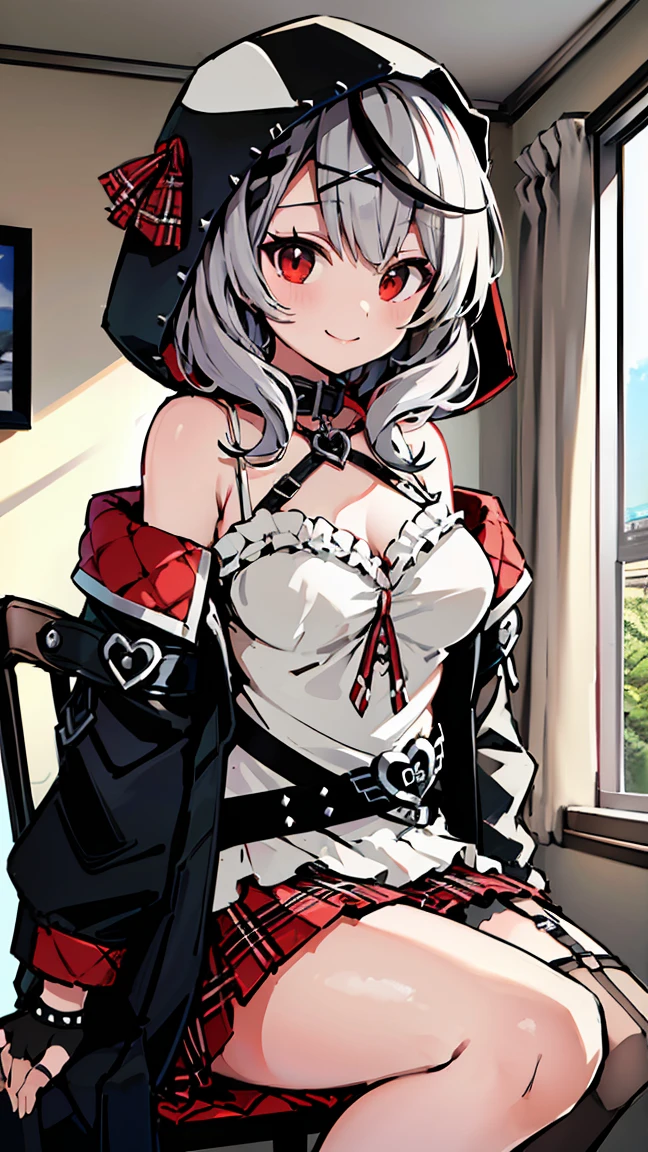 ((masterpiece, Highest quality, High resolution)), Depth of written boundary,
break, One girl, Sitting in a chair, smile,
break, (indoor, ),
break, (It should be Chloe, Garter Straps, Fingerless gloves, Torn knee socks, Grey Hair, Multicolored Hair, Checked skirt, chestの谷間, X Hair Ornament, Red Skirt, Black collar, White camisole, chest, Braiding, Black belt, Medium Hair, Black jacket, Wearing a hood, Plaid ribbon), ((Red eyes)), ((Beautiful attention to detail))