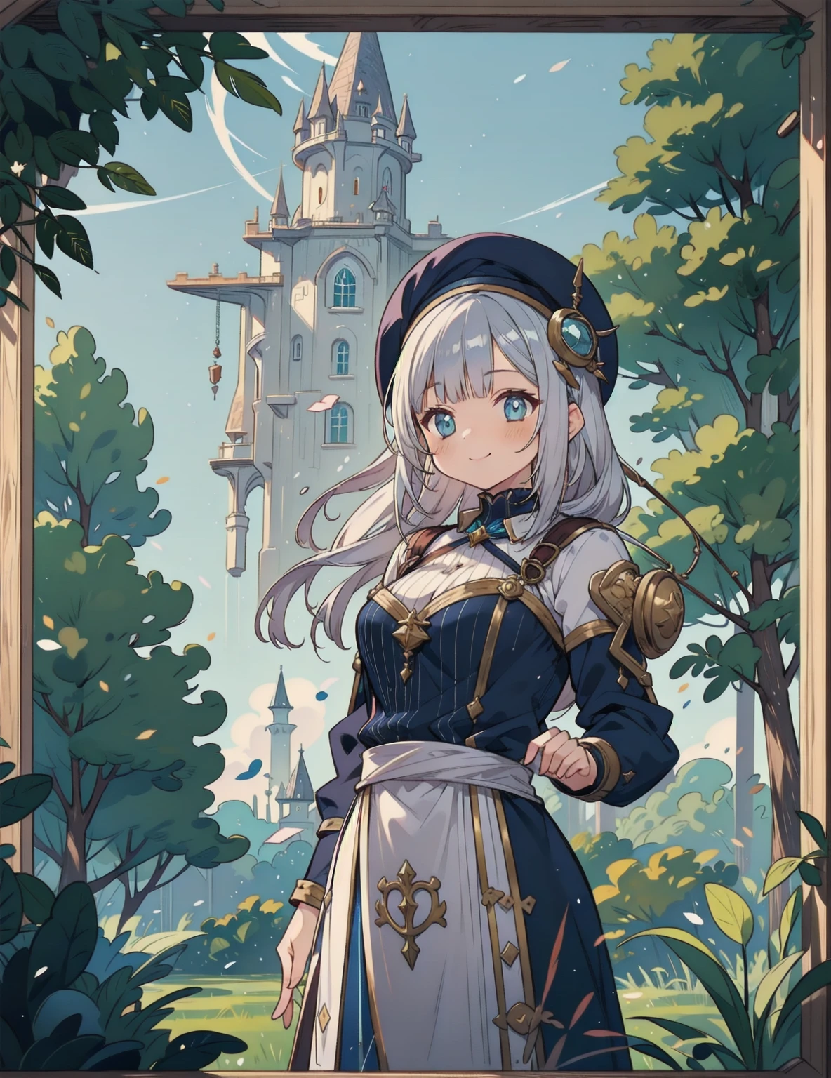 natural lighting, dusk, down, light smile, upturned cheeks, slightly shining hair, half up do, beret, hair ornament, alchemist, atelier series, large staff, gold, silver, Gemstones, brilliance, precious, 1girl, solo, fantasy landscapes, Scholarly, intellectual, floating light, magnificent, splendid,
