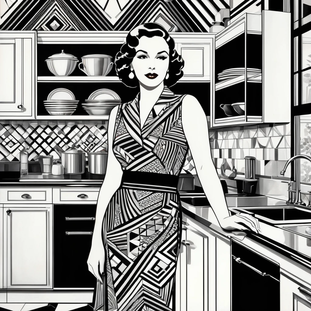 A black-and-white Art Deco illustration of a woman in a vintage kitchen, with bold geometric patterns and a luxurious, sophisticated style. Hyper realistic photo, vibrant colors, 16k