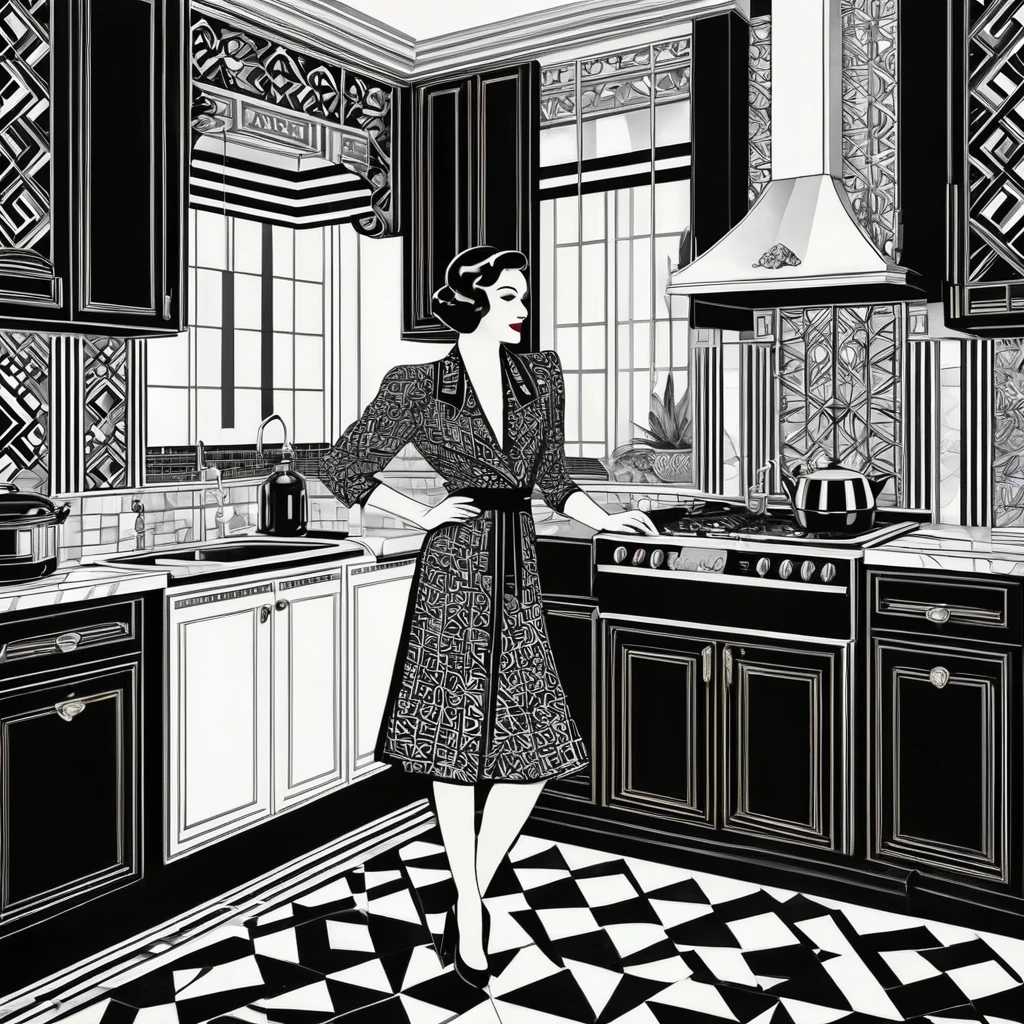 A black-and-white Art Deco illustration of a woman in a vintage kitchen, with bold geometric patterns and a luxurious, sophisticated style. Hyper realistic photo, vibrant colors, 16k