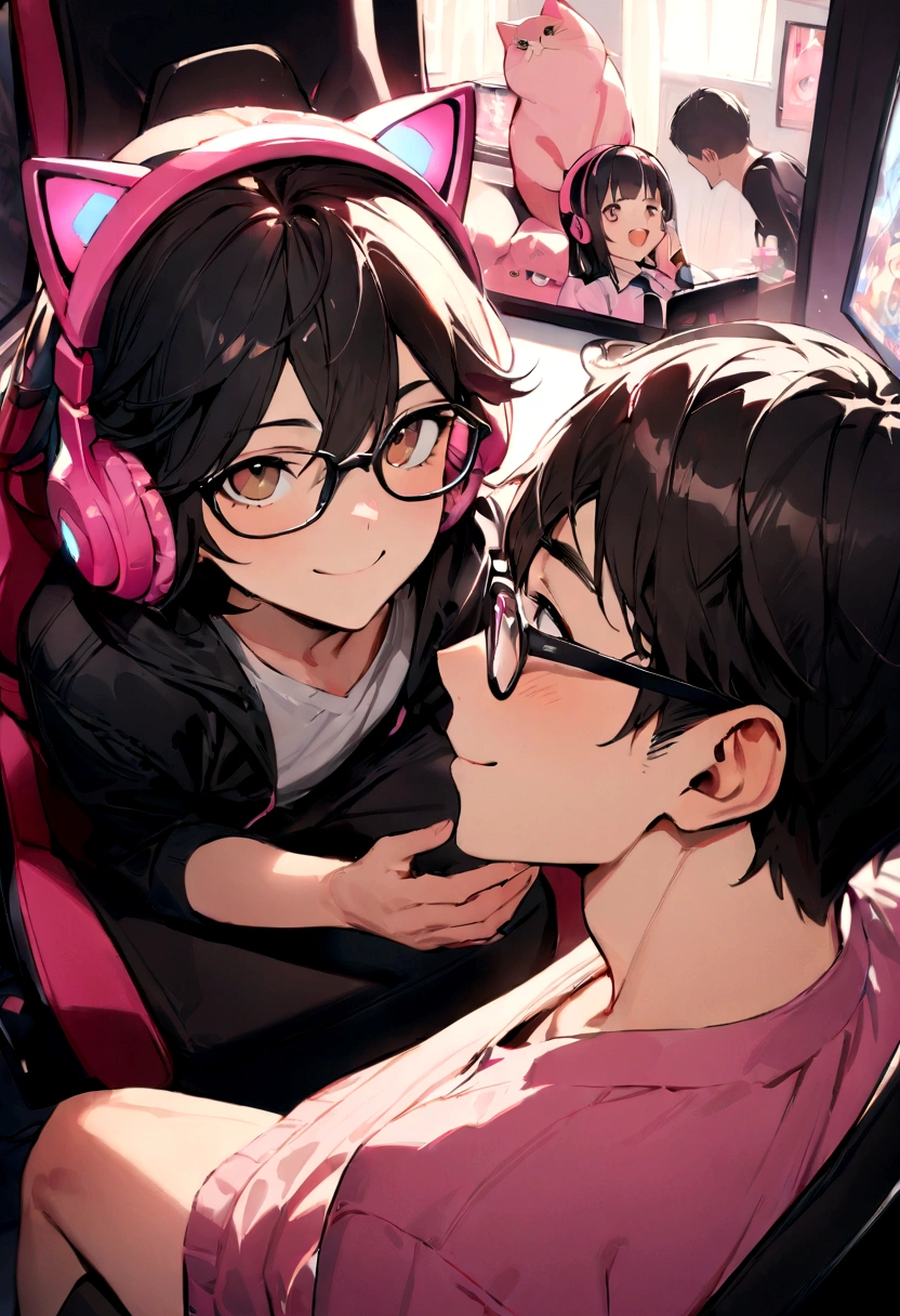 ((best quality)), ((masterpiece)), (detailed), a young man. Male sitting in a gaming chair in front of a pc. Has black hair and brown eyes. Wearing glasses. Smiling. Looking up. Wearing pink headphones with pink cat ears on it. Has a gaming bedroom in the background