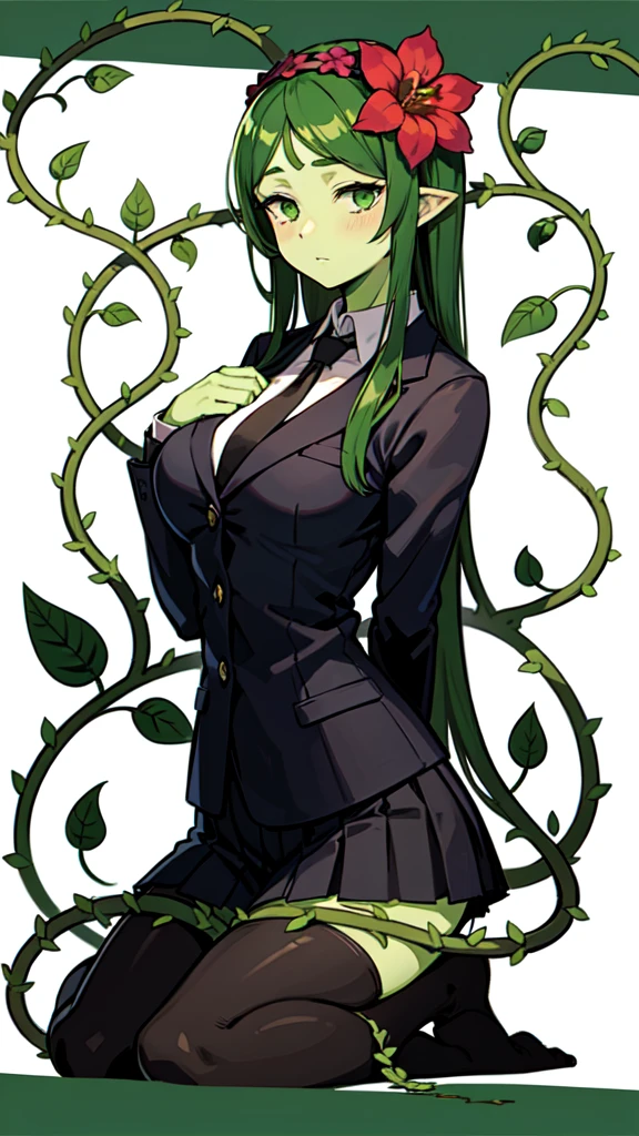 1girl,20s,adult,madure female,alraune, white shirt,black standard tie,black jacket, blazer,long sleeves, skirt,pleated skirt,green hair,long hair,flower on head, vines on body, full body, classroom,(greenskin),(simple background,white background),(upper body)