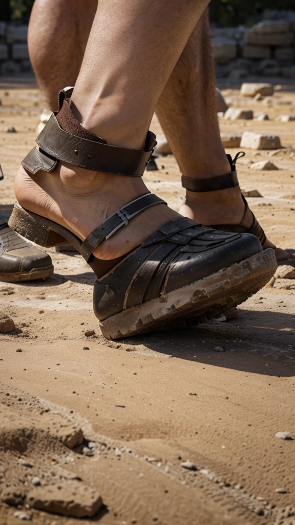 Ancient greece, footwear showing the
impact on the ground, center of the
battlefield, intense focus as they engage
in combat, ground cracking beneath
them, low angle shot, hyper-realistic,
photo realism, cinematography
