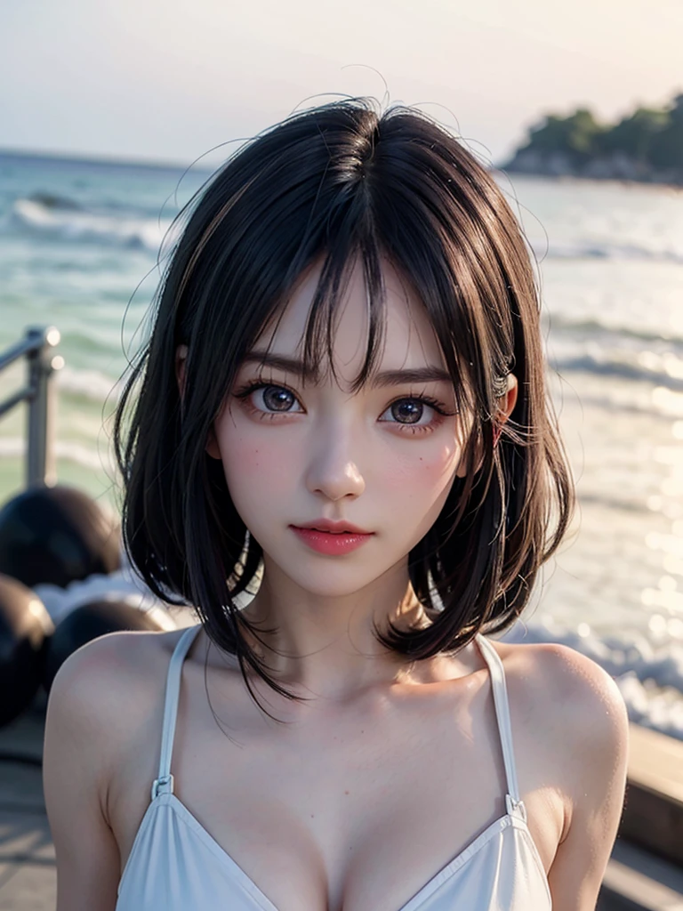 One Girl，(1人のとてもcute女の子:1.3)，masterpiece，Highest quality，High resolution，Photorealistic，RAW Photos，Ray Tracing，beautiful girl，(:1.3)，cute，Big eyes，(detailed pupils:1.2)，(The face is facing straight ahead:1.3)，Body facing forward，Beautiful nose，Fuller lips，Short black hair，ponytail，short hair，Detailed eyelashes，Thin eyebrows，Very fine grain definition，(Symmetrical eyes:1.3)，(Face close-up，Face Focus:1.0)，Small breasts，Short neck，White swimsuit，White Bikini，The background is the sea，Southern Island，Blue sky，White cloud，Portrait，View Viewer，Upper Body，Cinema Lighting，High resolution，Very detailed