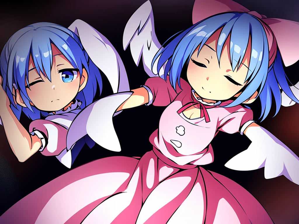masterpiece, best quality, 1girl, , , 10 years old, medium blue hair, hair flaps, pink ribbon on head, well-formed face, blue eyes, angel girl, white blouse, puffy short sleeves, red ribbon, angel wings, long white skirt, red shoes, frills, ribbon head, from behind, to lift up one’s skirt, cowboy shot, from front, standing , raise one leg, crossed arms, arms up behind, arms behind back, hand between legs, put hands hip, one hand on hip, forward hands, arms raised in the air, punch hands, peace sign, waving, put up index finger, sit, lie down, closed eyes, lie face down, looking back, put one hand chest, leaning forward, cleavage, close up, horizontally outstretched arms, horizontally outstretched legs, front view, front face