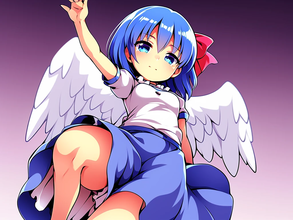 masterpiece, best quality, 1girl, , , 10 years old, medium blue hair, hair flaps, pink ribbon on head, well-formed face, blue eyes, angel girl, white blouse, puffy short sleeves, red ribbon, angel wings, long white skirt, red shoes, frills, ribbon head, from behind, to lift up one’s skirt, cowboy shot, from front, standing , raise one leg, crossed arms, arms up behind, arms behind back, hand between legs, put hands hip, one hand on hip, forward hands, arms raised in the air, punch hands, peace sign, waving, put up index finger, sit, lie down, closed eyes, lie face down, looking back, put one hand chest, leaning forward, cleavage, close up, horizontally outstretched arms, horizontally outstretched legs, front view, front face