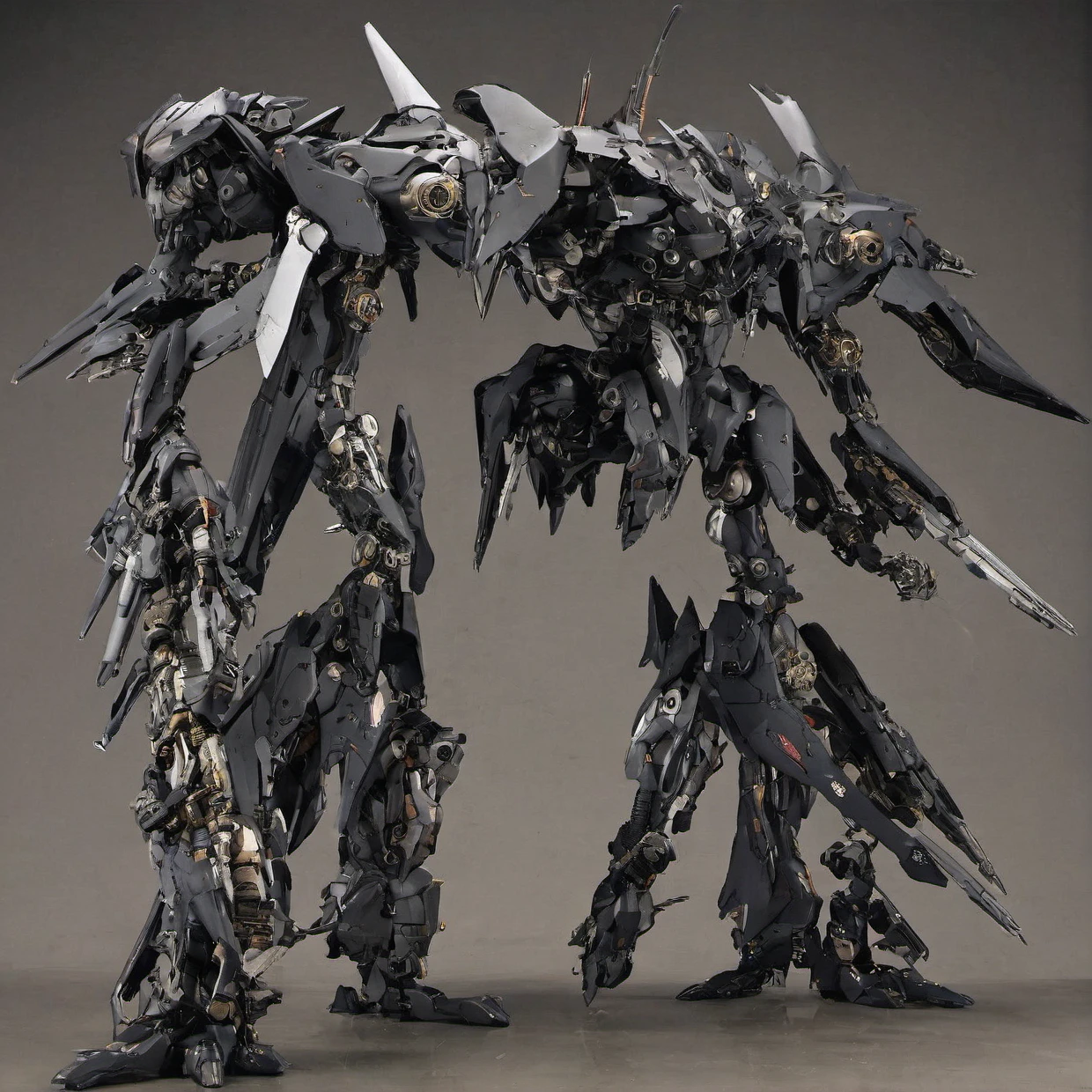 "A sleek, smartly designed giant robot with intricate details, precise shadows, and realistic textures. The robot has a dark, imposing presence, exuding a sense of heaviness and power. The body is slender yet robust, with meticulously crafted mechanical parts and joints. The overall aesthetic is dark and heavy, emphasizing the robot's formidable and powerful nature."