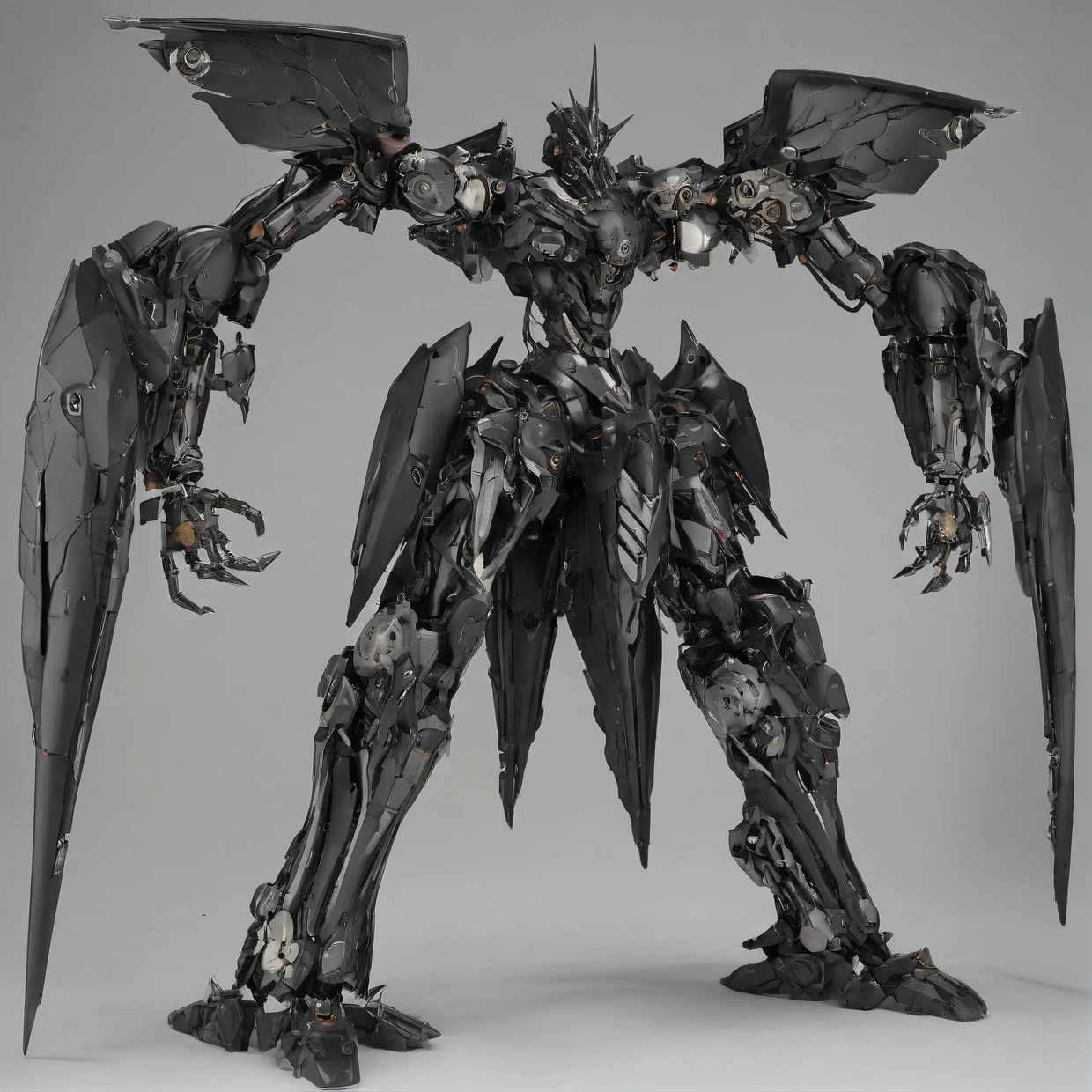 "A sleek, smartly designed giant robot with intricate details, precise shadows, and realistic textures. The robot has a dark, imposing presence, exuding a sense of heaviness and power. The body is slender yet robust, with meticulously crafted mechanical parts and joints. The overall aesthetic is dark and heavy, emphasizing the robot's formidable and powerful nature."