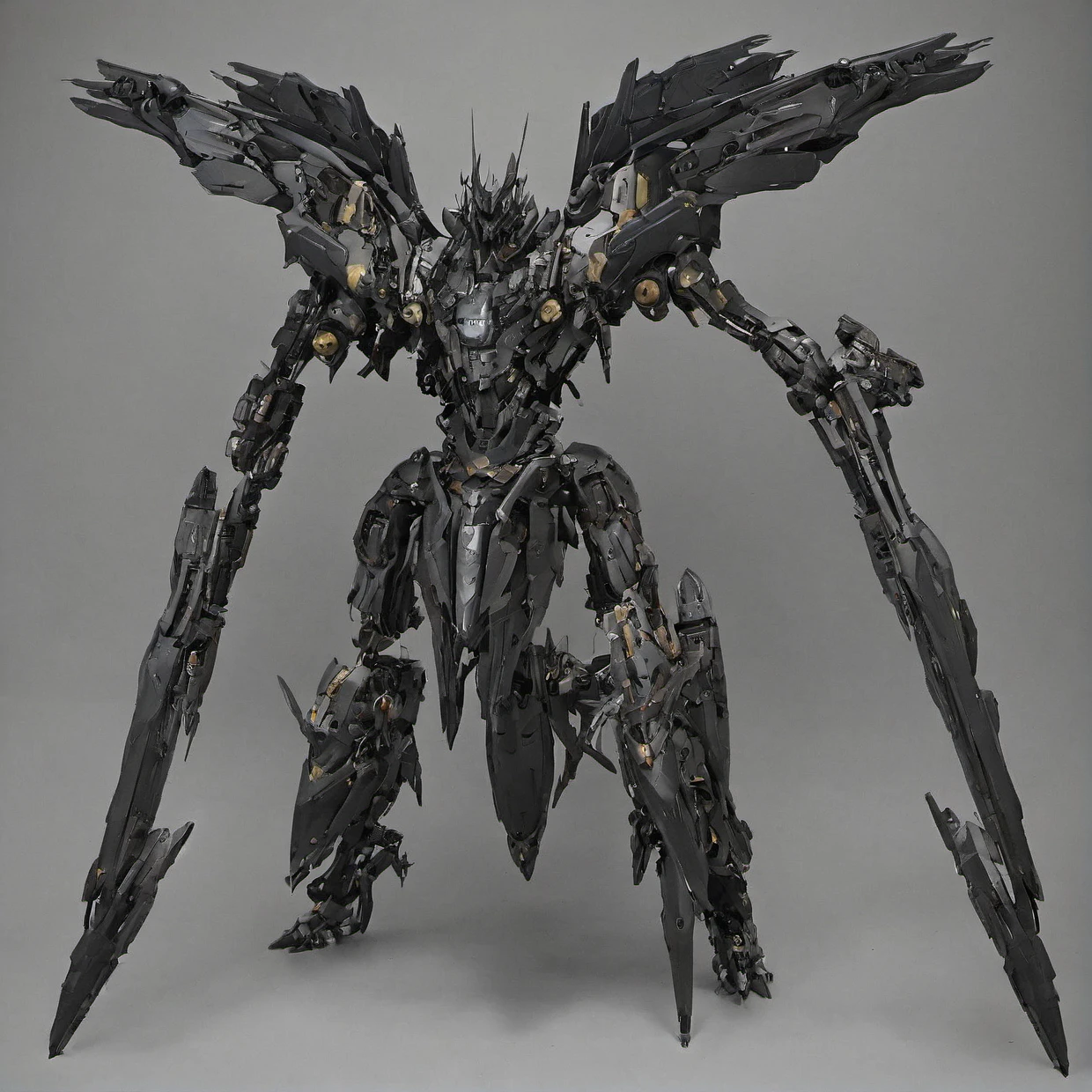 "A sleek, smartly designed giant robot with intricate details, precise shadows, and realistic textures. The robot has a dark, imposing presence, exuding a sense of heaviness and power. The body is slender yet robust, with meticulously crafted mechanical parts and joints. The overall aesthetic is dark and heavy, emphasizing the robot's formidable and powerful nature."