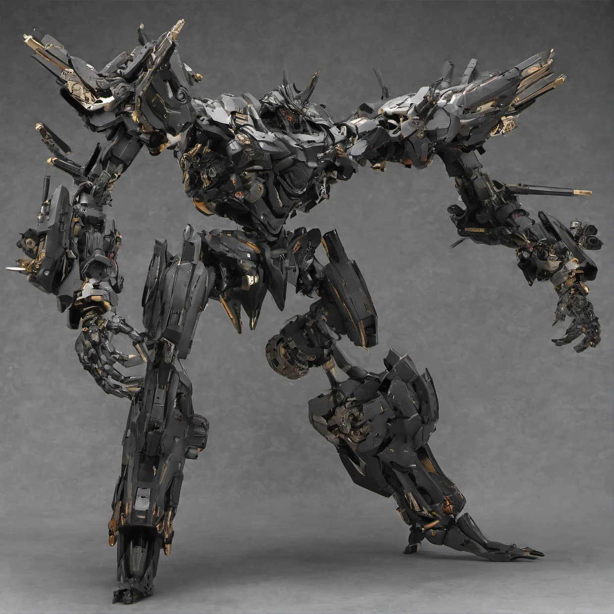 "A sleek, smartly designed giant robot with intricate details, precise shadows, and realistic textures. The robot has a dark, imposing presence, exuding a sense of heaviness and power. The body is slender yet robust, with meticulously crafted mechanical parts and joints. The overall aesthetic is dark and heavy, emphasizing the robot's formidable and powerful nature."