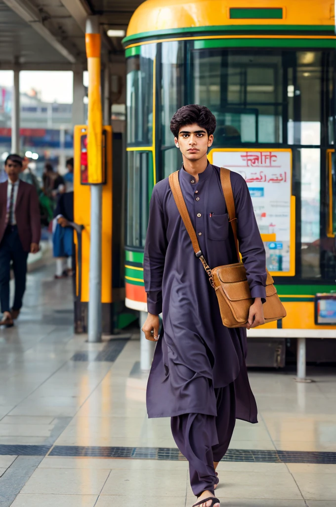 Create a realistic image of 20 years old Pakistani boy take of from bus ,he must wear shalwar kameez and holding a bag in his hand ,the bus must be standing on bus terminal