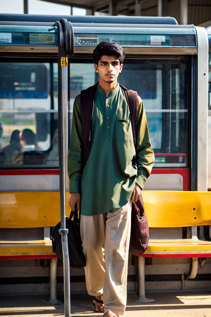 Create a realistic image of 20 years old Pakistani boy take of from bus ,he must wear shalwar kameez and holding a bag in his hand ,the bus must be standing on bus terminal 