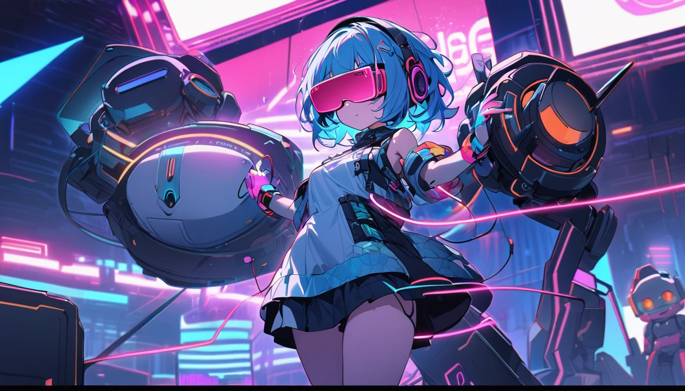 1 beautiful single girl, fluffy, blue hair, glowing wire, VR glasses, mixed with sci-fi and neon tones. Behind it is a robot with neon lights. The background image is a large robot, clearly visible. ,on stage,playing electric drums