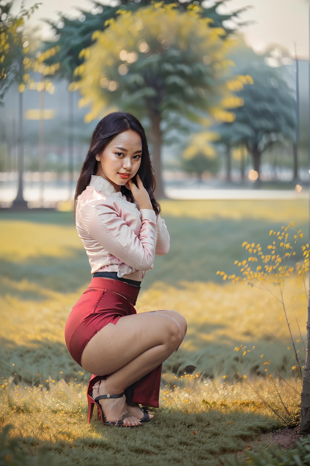 arafed asian woman in a satin dress, (((full body view:2))), ((pretty lady MoonLay:1.2)), (pretty lady MoonLay), ((((pretty lady MoonLay's innocent cute face and cute small smile:1.4)))), ((stylish standing with seductive one knee up and lean towards the tree pose for photography:1.6)), ((under the big pine tree:1.5)), ((wearing Myanmar traditional elegant and stylish affair:1.5)), (((slim and voluptuous figure:1.5))), ((white shirt:1.6)), ((red satin skirt:1.6)), ((blue sandal high heel:1.3)), south east asian with square face, traditional beauty, beautiful asian girl, anime thai girl, a young beautiful asian woman, (((photorealistic background))), ((in a beautiful park with vibrant colorful trees background:1.5)), ((cinematic bokeh deep background blur:1.7)), (((photorealistic cloudy evening sky with golden sunlight15))), (cinematic enhance HDR portrait glow lighting))), perfect anatomy, cannon mark v, DSLR quality, (perfect anatomy), (perfect toes), (perfect hands), (realistic smartphone), (random realistic stylish seductive pose),