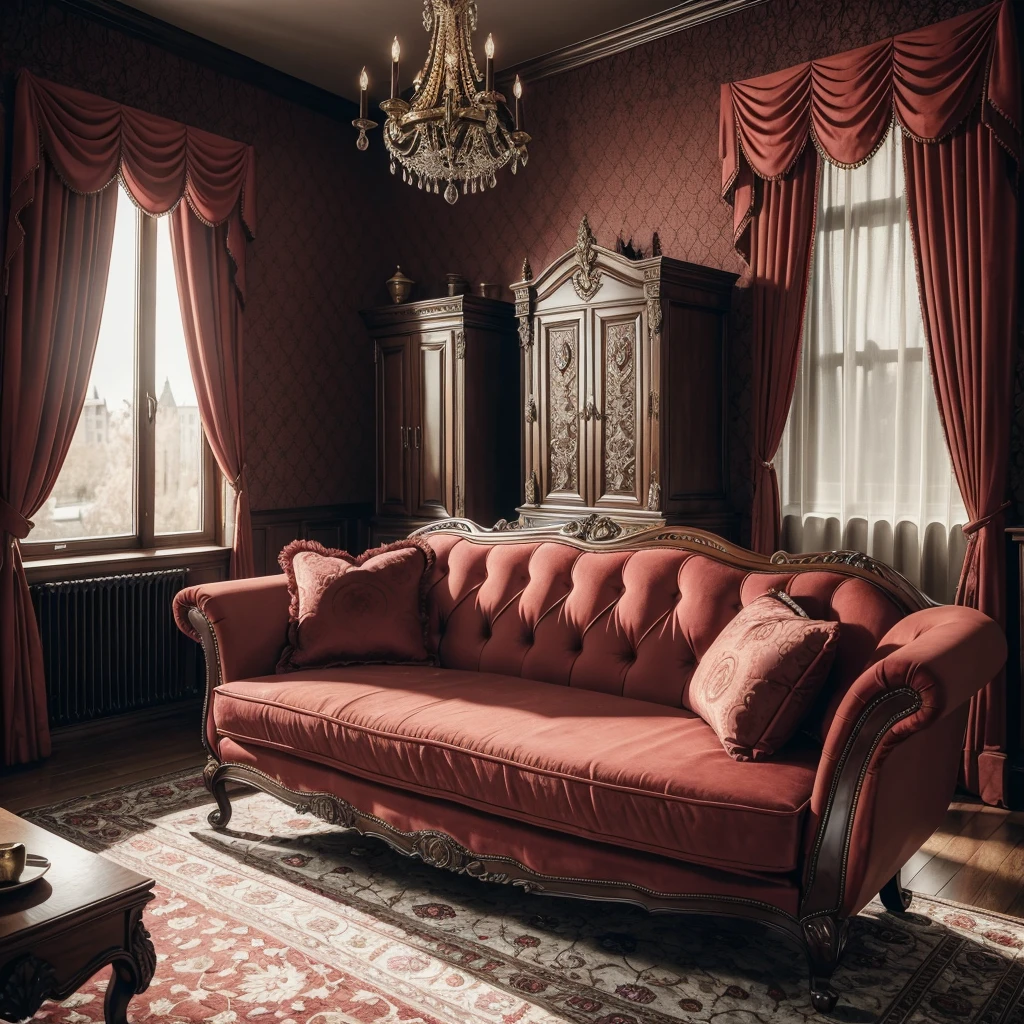 a highly detailed and realistic Dracula's castle vintage living room, large windows with late afternoon sunlight, suede red sofas, tv set, intricate textures, warm color tones, HDR, 8K, photorealistic, masterpiece, cinematic lighting, elegant and refined interior design, Dracula looking menacing, blood on his fangs 