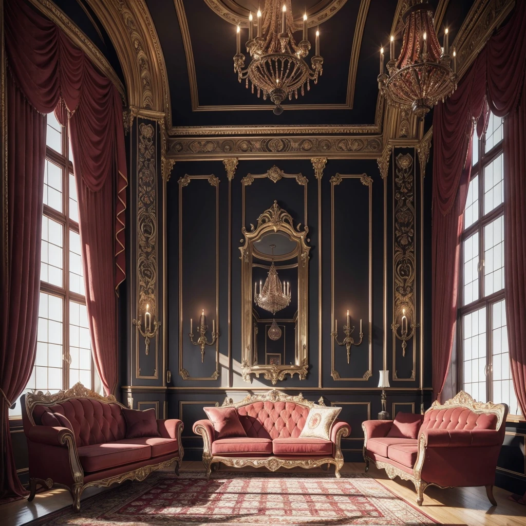 a highly detailed and realistic Dracula's castle vintage living room, large windows with late afternoon sunlight, suede red sofas, tv set, intricate textures, warm color tones, HDR, 8K, photorealistic, masterpiece, cinematic lighting, elegant and refined interior design, Dracula looking menacing, blood on his fangs 