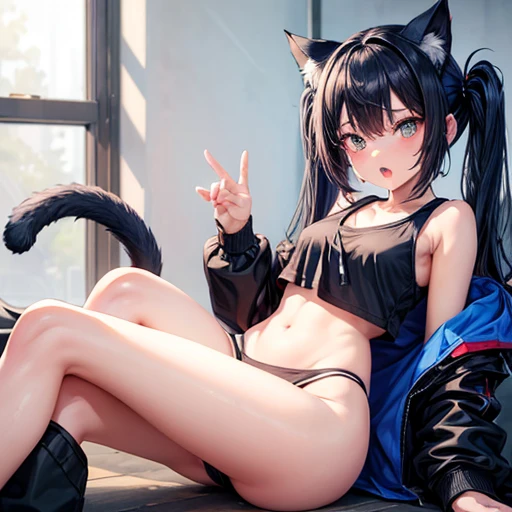 masterpiece,One girl,alone ,Heart-shaped pupils,Open your mouth,hoodie,, Static Restraints, Dark blue hair girl, Cat ears and tail, Wearing a tank top and racing pants. body type Twin tails Female genitalia is visible Detailed depiction of female genitalia Flat Chest Stern expression With legs apart