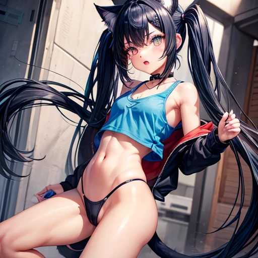 masterpiece,One girl,alone ,Heart-shaped pupils,Open your mouth,hoodie,, Static Restraints, Dark blue hair girl, Cat ears and tail, Wearing a tank top and racing pants. body type Twin tails Female genitalia is visible Detailed depiction of female genitalia Flat Chest Stern expression With legs apart