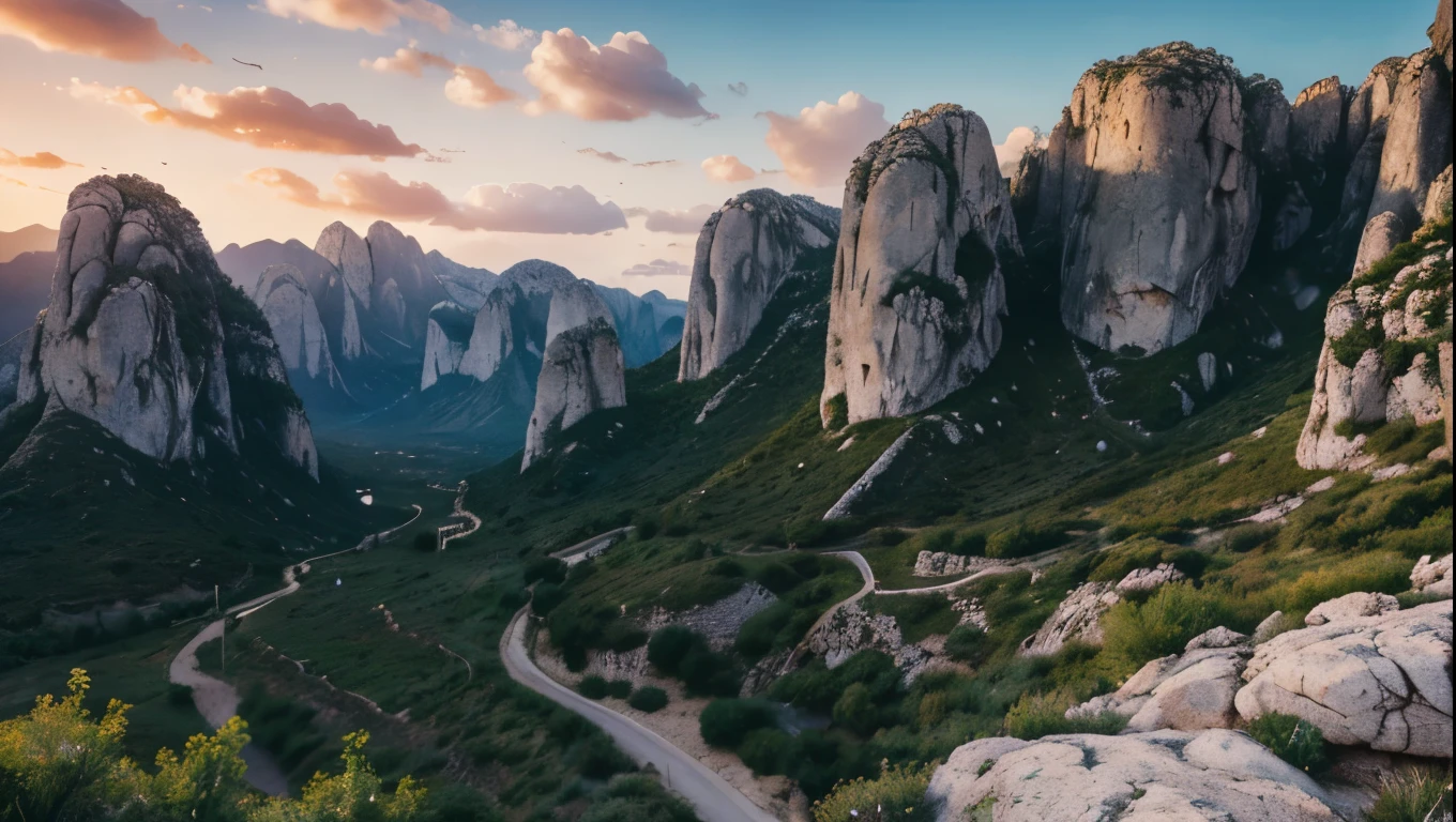a realistic detailed vertical rock wall in a desert valley, lush green trees and bushes, blue sky with fluffy white clouds, high contrast lighting, vivid colors, natural climbing wall, naranjo de bulnes, urriellu, rugged rocky terrain, craggy rock formations, sun-dappled shadows, dramatic lighting, picturesque landscape, rugged and untamed natural beauty, breathtaking scenery, photorealistic, best quality, 8k, highres, masterpiece, ultra-detailed, physically-based rendering, extreme detail description, professional, vivid colors, HDR