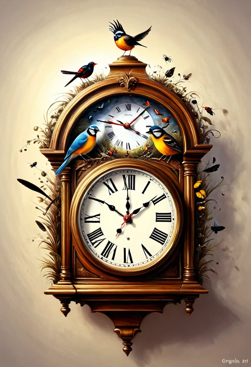 animals, birds and insect coming out of clocks in the style of painter Gregsinksart.
