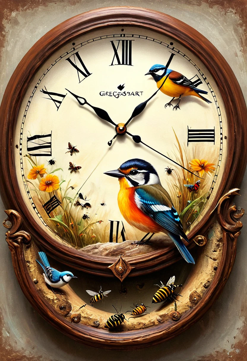 animals, birds and insect coming out of clocks in the style of painter Gregsinksart.