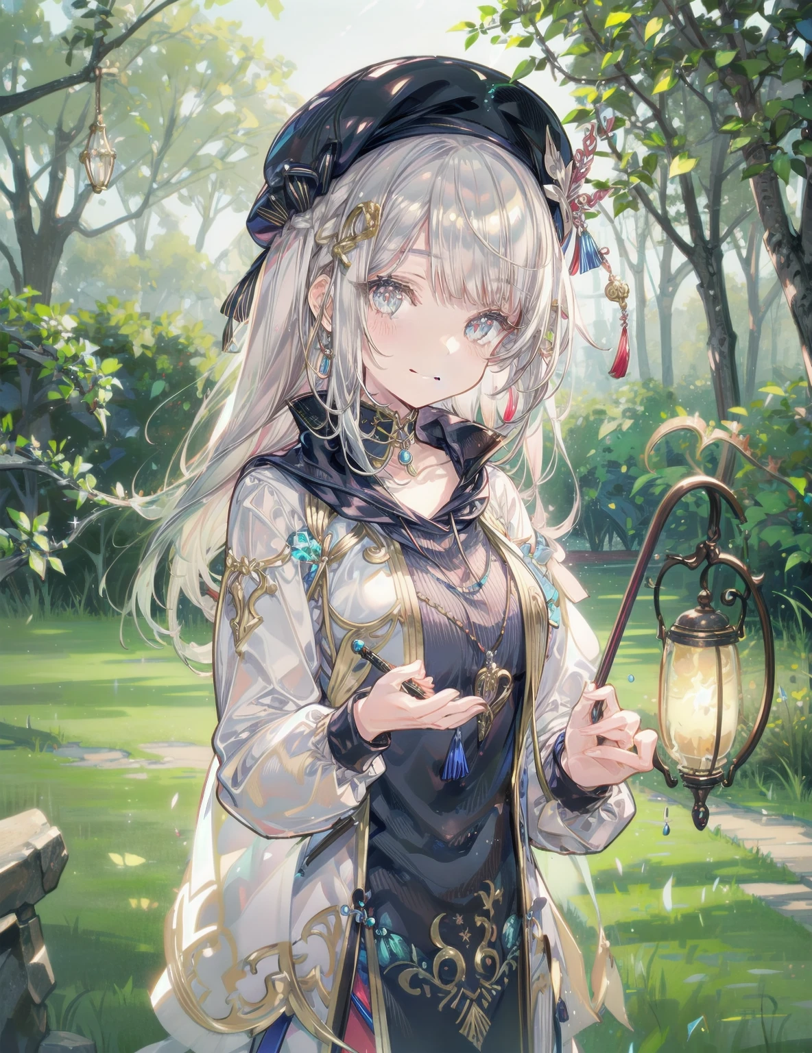 natural lighting, dusk, down, light smile, upturned cheeks, slightly shining hair, half up do, beret, hair ornament, alchemist, atelier series, large staff, gold, silver, Gemstones, brilliance, precious, 1girl, solo, fantasy landscapes, Scholarly, intellectual, floating light, magnificent, splendid,
