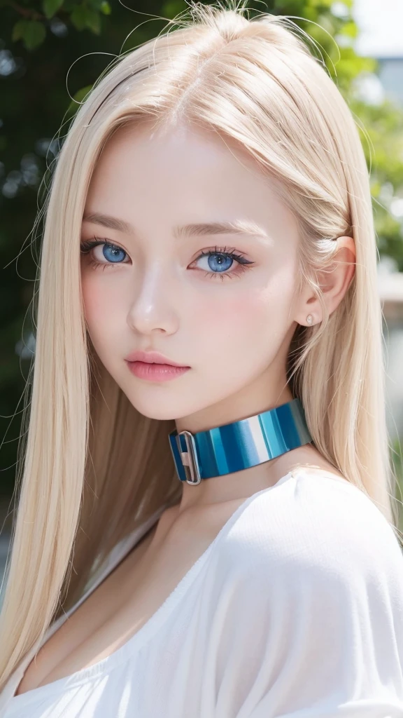 forehead、Big Breasts、Northern Europe、Russia、beautiful girl、Platinum Blonde Hair、Blouse with collar and sleeves、Straight long hair、Hitting the face and front of the eyes、Big blue eyes、Northern Europeの若者、Perfect body、White tendons、Glowing Skin、Young and beautiful skin、A perfect and beautiful little face、Bright makeup、Pale pink lips、Bright expression、16-year-old girl、lipstick、Viewer's vision、Golden Hour Lighting、Bokeh Atmosphere Perspective、detailed、Movie Light、複雑なdetailed、High resolution、 フェイスデザインのdetailedな特徴、Attention to detail、Clear focus、Smoothness、{{masterpiece}}