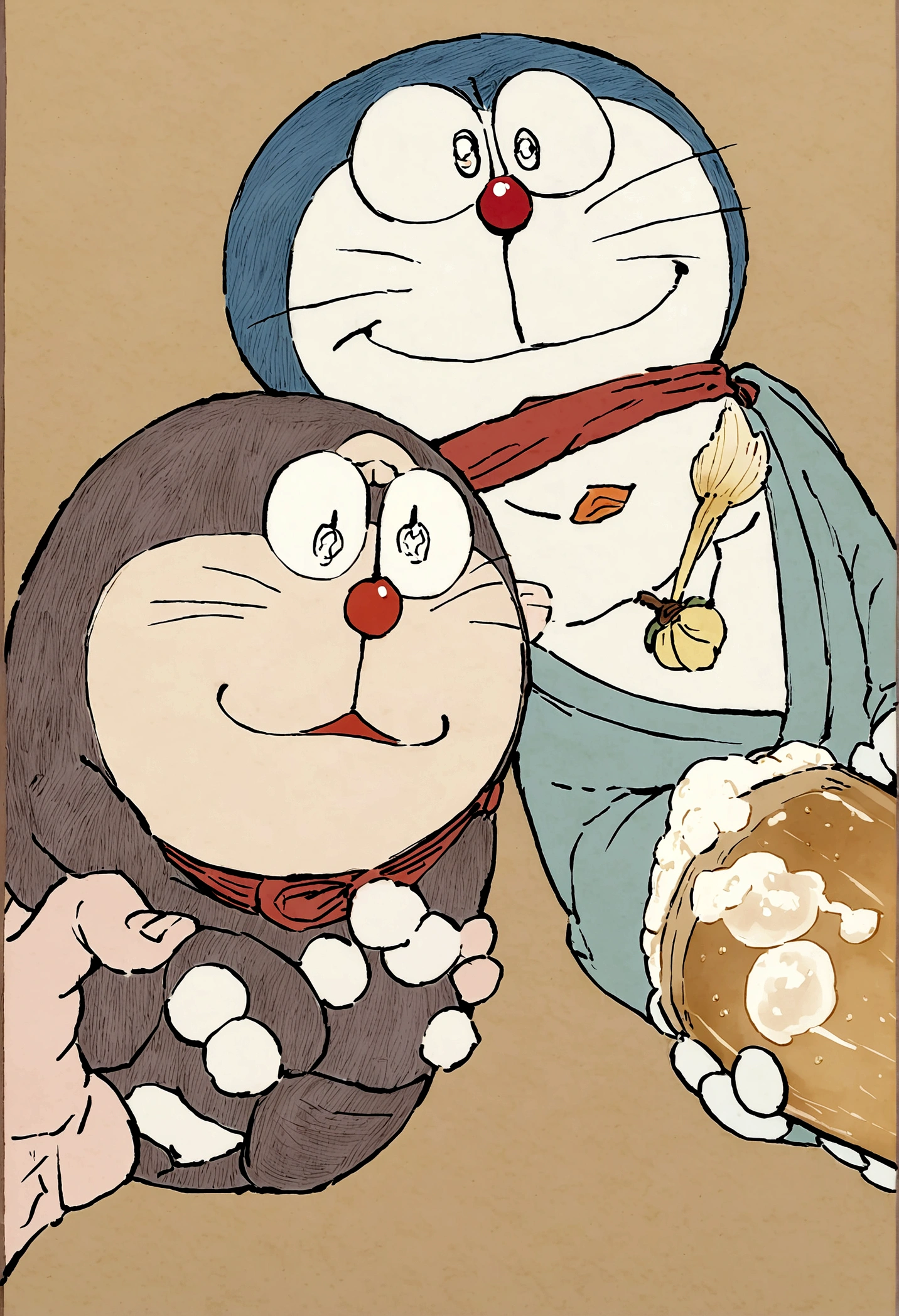 Doraemon,drink beer,Japanese manga style,cute,Background old Japanese era street,Wear a Japanese-style kimono,Let's drink together