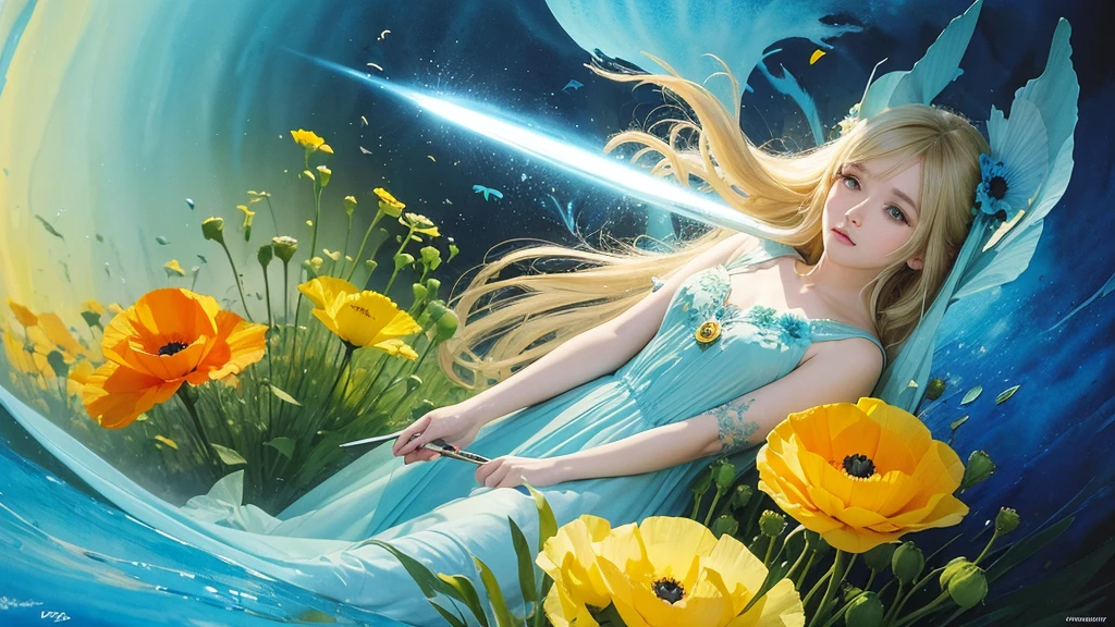 32k, Masterpiece, Highest quality, One girl, Detailed eyes, flower,Iceland Poppy, Blue and yellow style,A dreamy, romantic piece,Pale yellow, Mysterious Leaves,A playful arrangement,Fantasy,High Contrast,Ink strokes,explosion,Exposure, Impression of blue and yellow tones,Abstract,((Watercolours by John Berkey and Jeremy Mann )) Brush strokes,Negative Space, Tyndall effect,