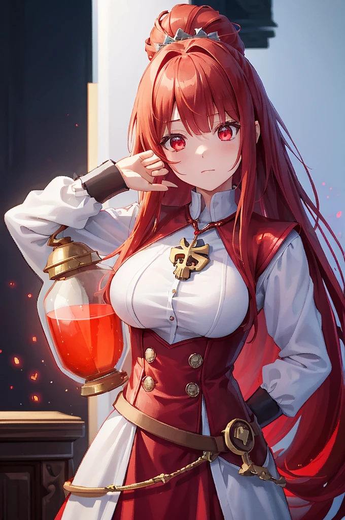 score_9, score_8_up, score_7_up, score_6_up, score_5_up, score_4_up, source_アニメ, tomboy girl, long hair, Bust Cup B , open-chest outfit, Guillotine Cross Set, breastplate, waist armor, Armor, red hair, metal hair accessories, red eyes, Sparkling eyes, Potions ขวดใหญ่, Make Potions, ขายยา Potions, Right hand holds Potions , Potions glass bottle, skull shape, clear glass, crystal Potions, clear red, light particles, Magical light