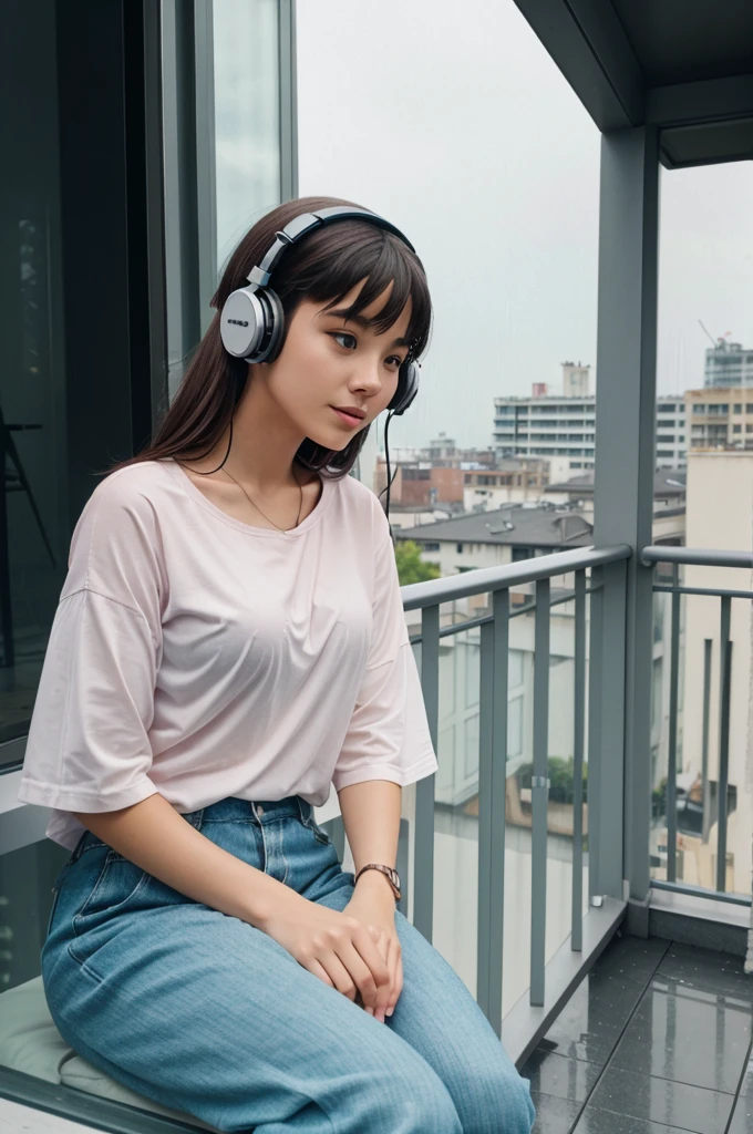 A lofi girl sitting on her balcony with headphones on and enjoying rain make it ai picture for a lofi channel