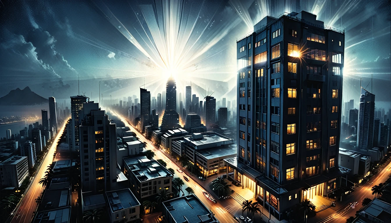 (outside of a skyscraper),light beams should be clearly visible, highlighting the dusty air, night, dark,
the light is only from a skyscraper, tropical, top view, palm, ((bird's-eye view)),
skyscraper, fog, tropical island, ((illuminated window with bright light streaming out)), casting rays that penetrate the darkness, graphic style of novel comics, 2d, 8k, hyperrealism, masterpiece, high resolution, best quality, ultra-detailed, super realistic, Hyperrealistic art, high-quality, ultra high res, highest detailed, lot of details, Extremely high-resolution details, incredibly lifelike, colourful, soft cinematic light,
