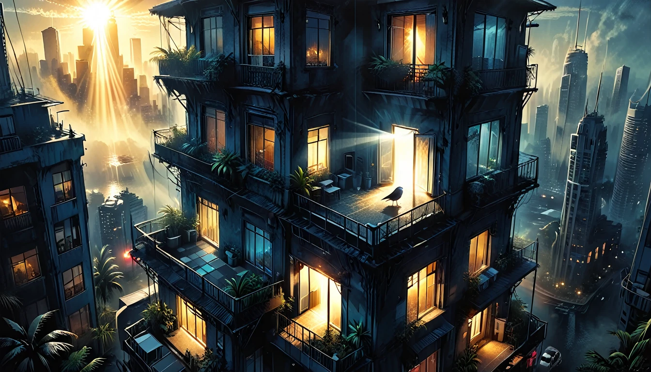 (outside of a skyscraper),light beams should be clearly visible, highlighting the dusty air, night, dark,
the light is only from a skyscraper, tropical, top view, palm, ((bird's-eye view)),
skyscraper, fog, tropical island, ((illuminated window with bright light streaming out)), casting rays that penetrate the darkness, graphic style of novel comics, 2d, 8k, hyperrealism, masterpiece, high resolution, best quality, ultra-detailed, super realistic, Hyperrealistic art, high-quality, ultra high res, highest detailed, lot of details, Extremely high-resolution details, incredibly lifelike, colourful, soft cinematic light,
