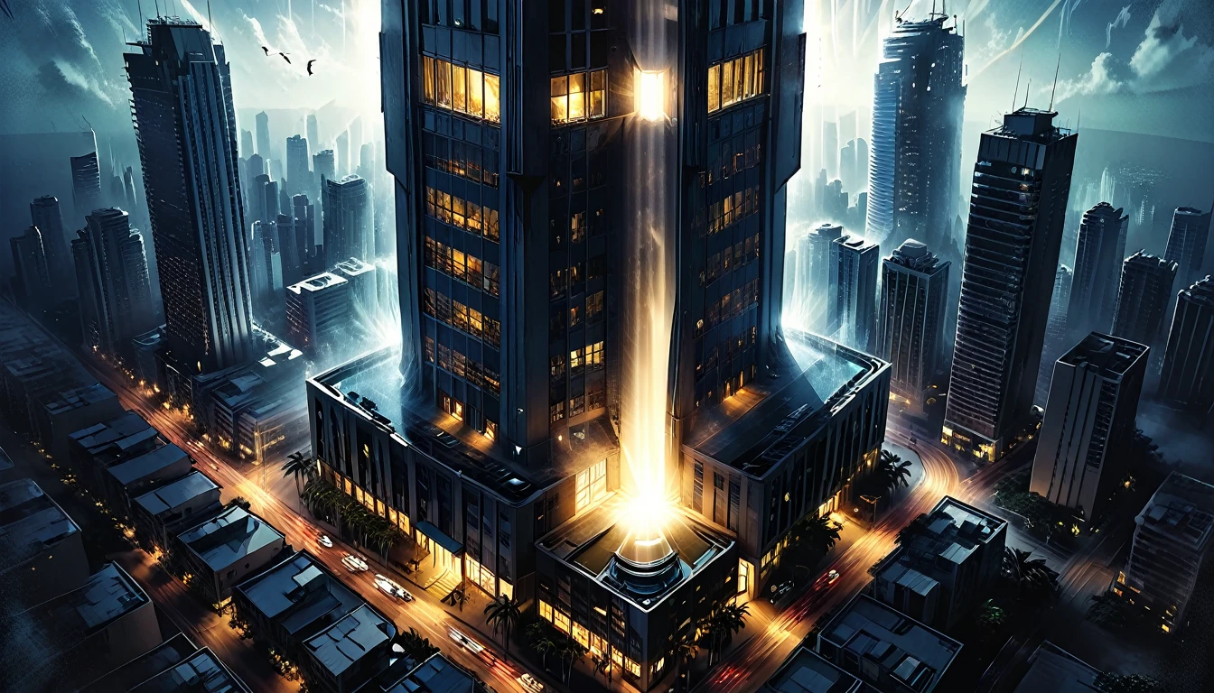 (outside of a skyscraper),light beams should be clearly visible, highlighting the dusty air, night, dark,
the light is only from a skyscraper, tropical, top view, palm, ((bird's-eye view)),
skyscraper, fog, tropical island, ((illuminated window with bright light streaming out)), casting rays that penetrate the darkness, graphic style of novel comics, 2d, 8k, hyperrealism, masterpiece, high resolution, best quality, ultra-detailed, super realistic, Hyperrealistic art, high-quality, ultra high res, highest detailed, lot of details, Extremely high-resolution details, incredibly lifelike, colourful, soft cinematic light,