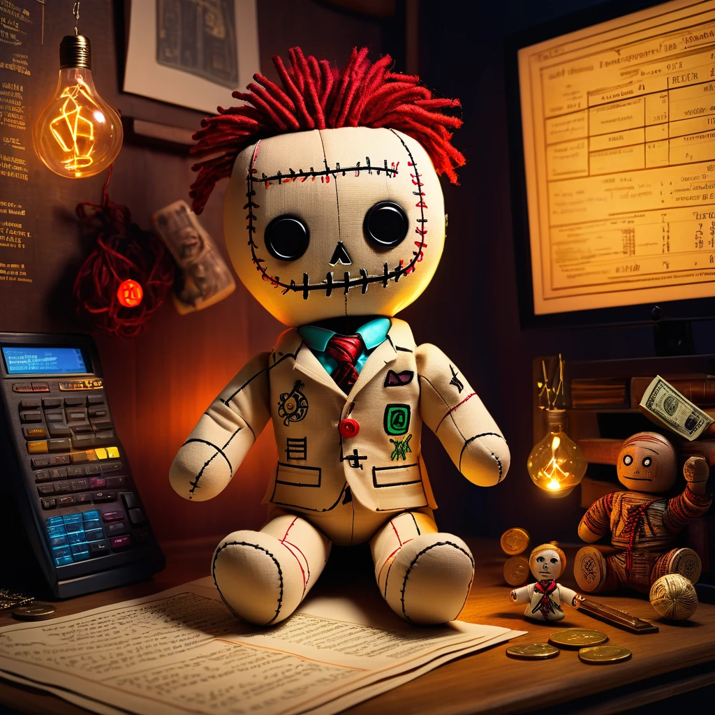 (knitted toy voodoo doll:1.7), (Voodoo Financial Analyst:1.3), (Clothing: professional attire with glowing financial graphs and magical symbols:1.0), (Accessories: enchanted calculator emitting sparks of wealth, levitating financial reports with spectral predictions:1.1), (background: mystical finance office with floating ledgers, glowing market analyses, and ethereal financial spirits:1.2), best quality, masterpiece, detailed soft oil painting, detailed background, dramatic cinematic lighting, soft edge lighting, professional, dramatic lighting, hard edge lighting, ultra quality, 4k, masterpiece, best quality, 8k, ultra high definition, high resolution, extremely detailed
