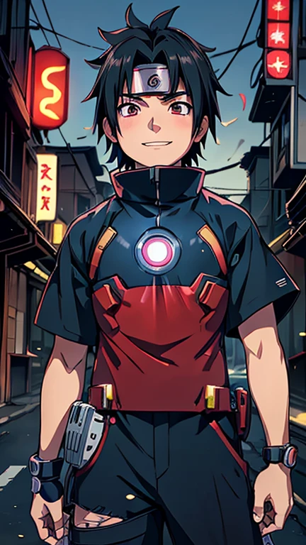 (8k),(masterpiece),(Japanese),(8-year-old boy),((innocent look)),((Childish)),From the front,smile,cute,Innocent,Kind eyes,Flat chest, Uchiha Sasuke wearing Iron Man Costume,Short,Hair blowing in the wind,Black Hair,Strong wind,night,dark, Neon light cyberpunk Konoha village