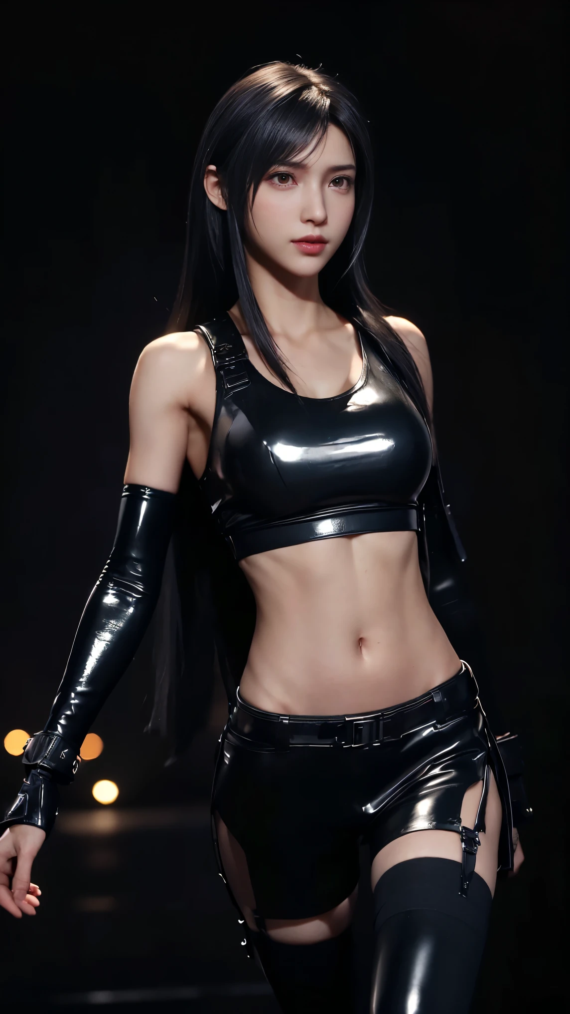 8K, Top Quality, Intricate Details, Ultra Detail, Ultra High Resolution, Masterpiece, close up shot, (full body: 1.1), Slender, Smile, (Makeup: 0.4), (walking), (Fluffy Eyes: 1.21), ((bangs)), 1girl, solo, 1 girl, (((red eyes, black hair, bangs, long hair)), ((Tifa,Tifa・lockhart,Final Fantasy 7,FF7,l)), close up shot, , ((tall)), (((fit body))), (((slim face))), sharp face, (( spy、、All-black latex combat uniform, Rubber-like clothing)) , (detailed face), sharp face, small lips, ( walking), walk pose, walking pose,
((, )), , ((,)), detailed face, detailed breast, large breast, huge breast, (( )), detail ass, Narrow Waist, Skinny, tall , 175 cm tall, Muscular, Navel, Exposed Abdomen, Pointed Chest,, Beautiful girl with accentuated slender abs: 1.4, Six Pack Abs: 1.4,, Perfect Body, detail leg, (( dark background)), black background,