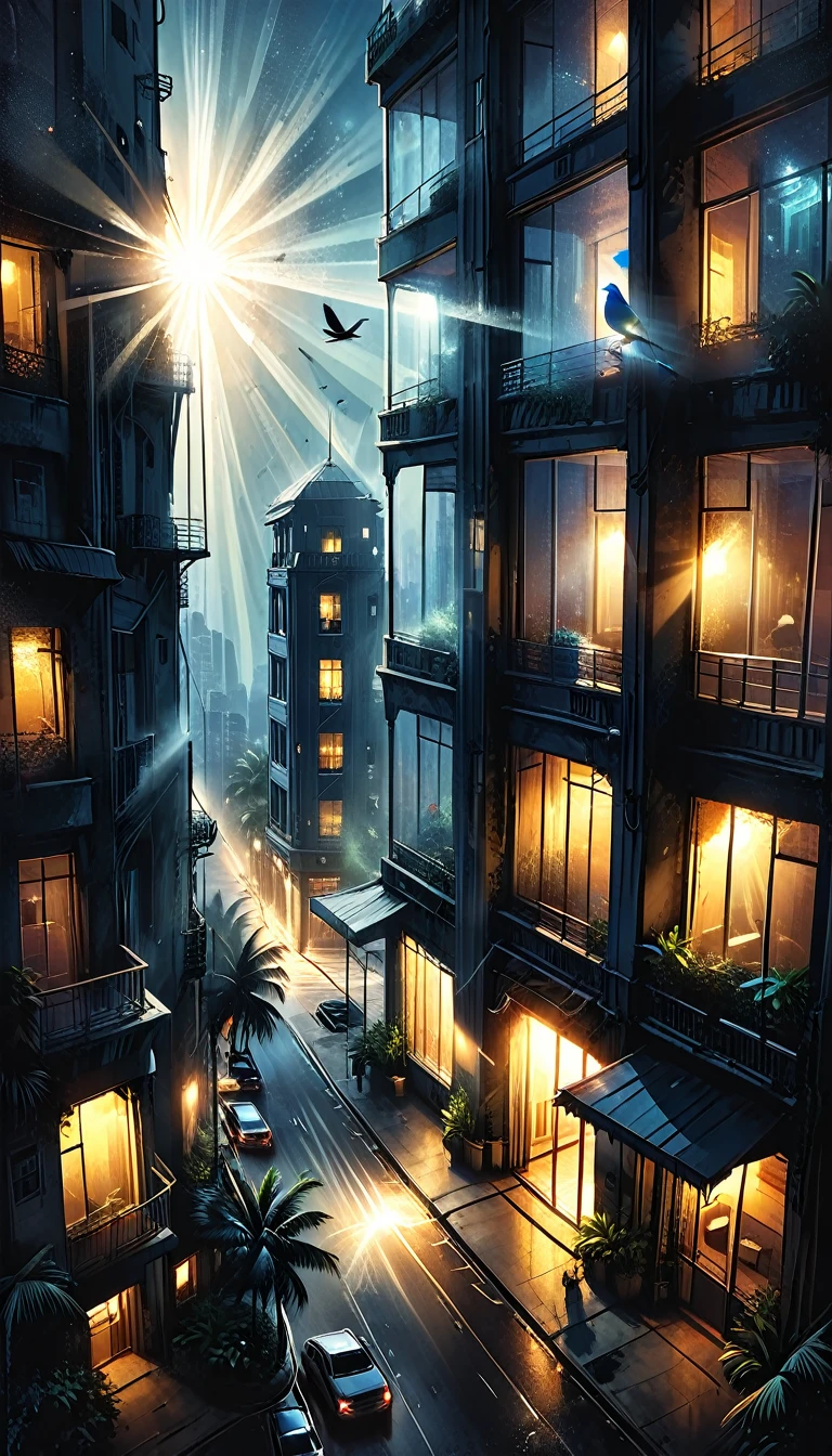 
(outside of a skyscraper),light beams should be clearly visible, highlighting the dusty air, night, dark, 
the light is only from a skyscraper, tropical, top view, palm, ((bird's-eye view)),
skyscraper, fog, tropical island, ((illuminated window with bright light streaming out)), casting rays that penetrate the darkness, graphic style of novel comics,  2d, 8k, hyperrealism, masterpiece, high resolution, best quality, ultra-detailed, super realistic, Hyperrealistic art, high-quality, ultra high res, highest detailed, lot of details, Extremely high-resolution details, incredibly lifelike, colourful, soft cinematic light,