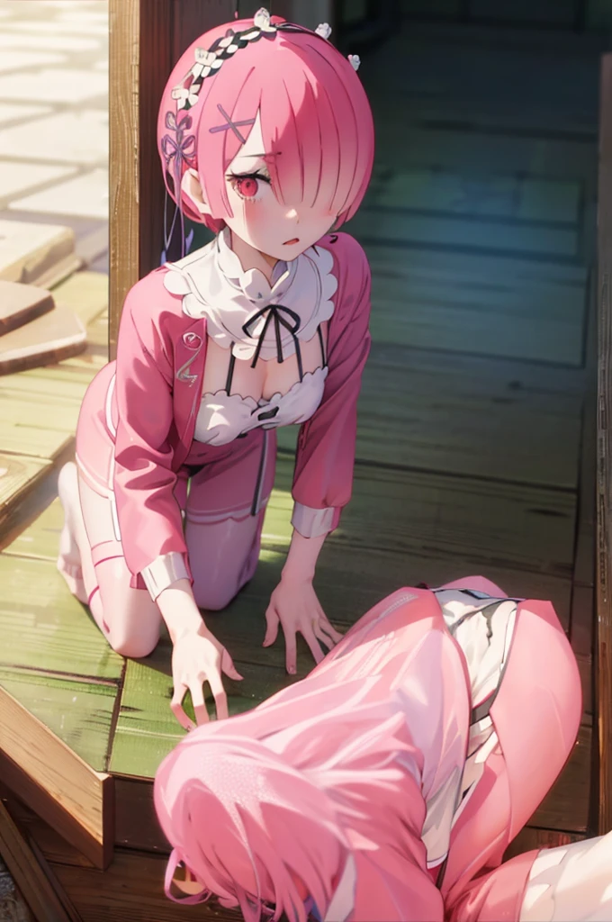 On all fours、crawl on all fours、、Pink Hair、hair over one eye、short hair、、Pale red eyes、Blushing、、、Blushing、Random underwear、Random erotic poses、kitchen、kitchen、living、Sexy expression、、Glamorous expression、M-shaped spread legs、Glamorous expression、